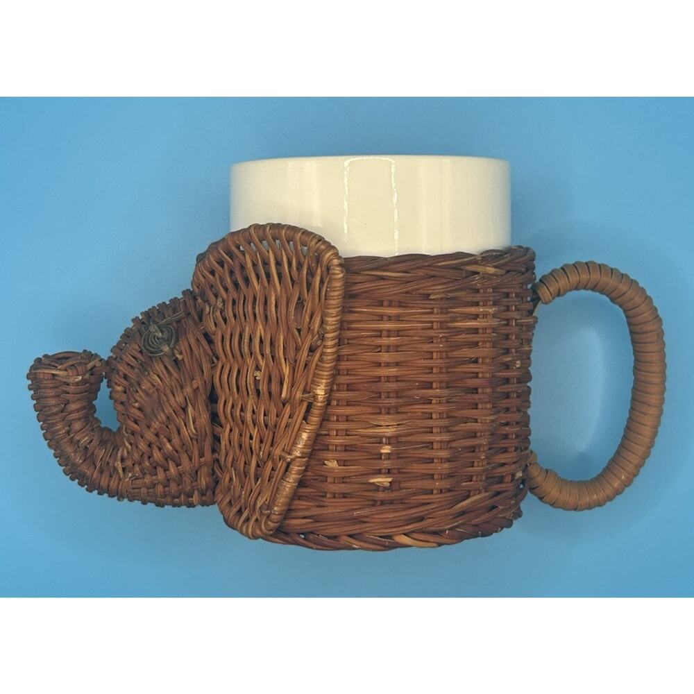 Vintage Elephant Wicker Rattan Planter Ceramic Mug Insert MCM Boho Cottage Shelf